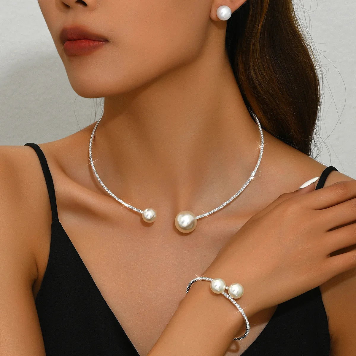 Fashionable Classic Wedding Party Jewelry Sets for Women Pearl Rhinestones Choker Necklace Earrings Bracelet Jewelry Sets