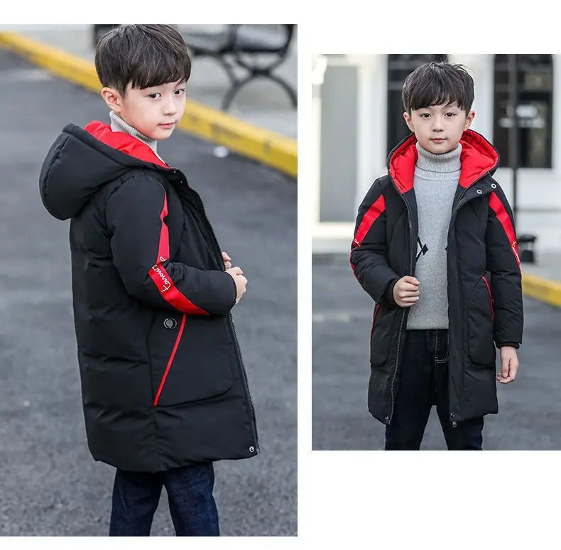 2025 Boys down Winter Thick Coat Teen Parka Children Plus Velvet Warm Jackets Fashion Hooded Outwear Kids Clothes 4 8 10 12 year