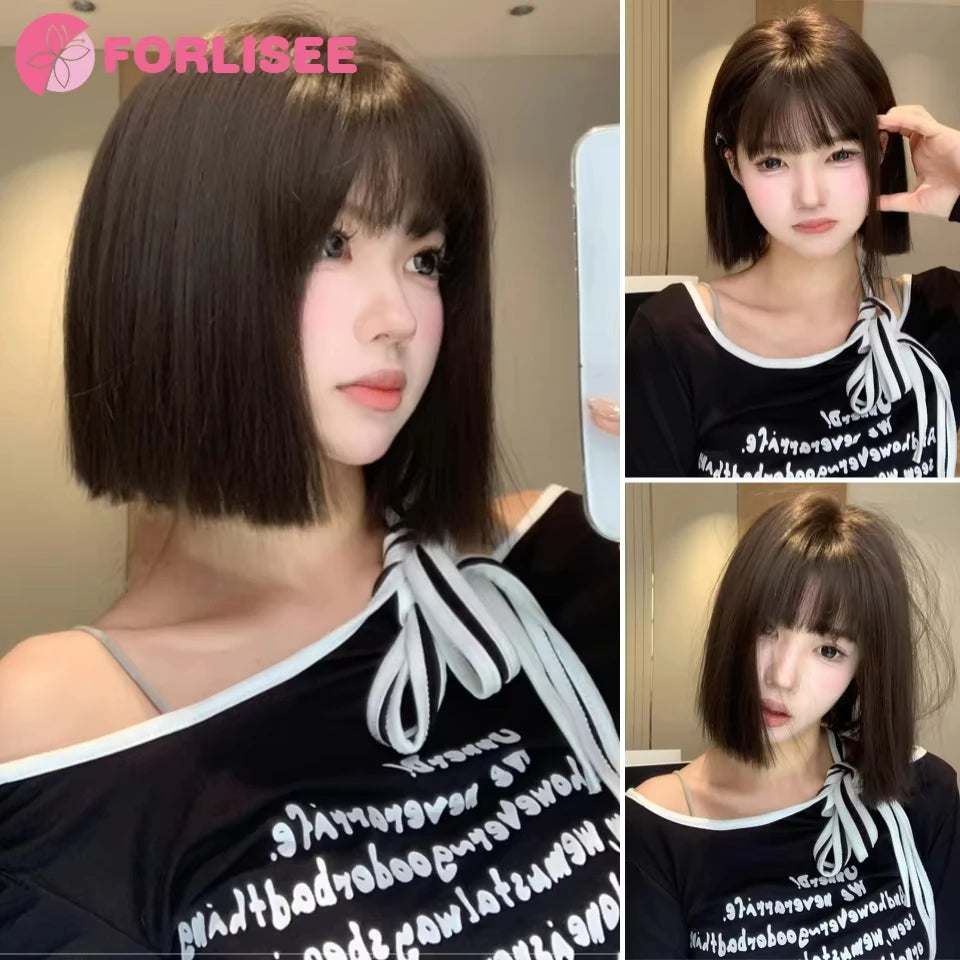Wig Short Hair Female Internet Celebrity Short Hair Daily Lolita Natural Bangs Full Head Cover Black Red Supernatural Synthetic