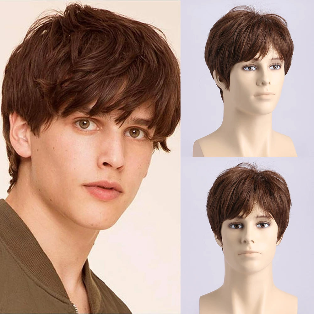 Short Natural Curly Hair For Male Young Men Heat Resistant Fiber Synthetic Wigs