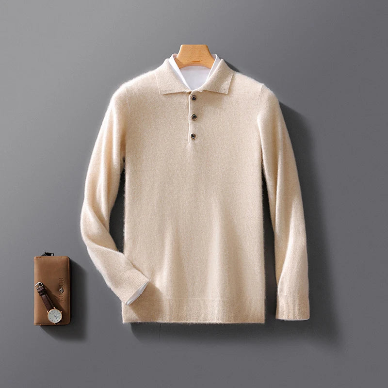 Autumn And Winter New 100 Pure Wool Sweater Men's POLO Collar Button Loose Pullover Sweater Cashmere Knitted Bottoming Shirt
