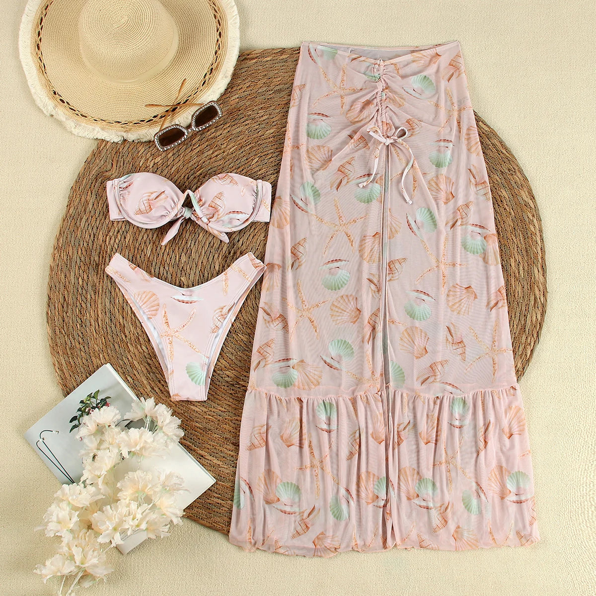 2024 3 Pieces Bikini with Beach Skirt Swimwear Women Print Swimsuit Halter Bathing Suit Beachwear Bikini Set Biquini