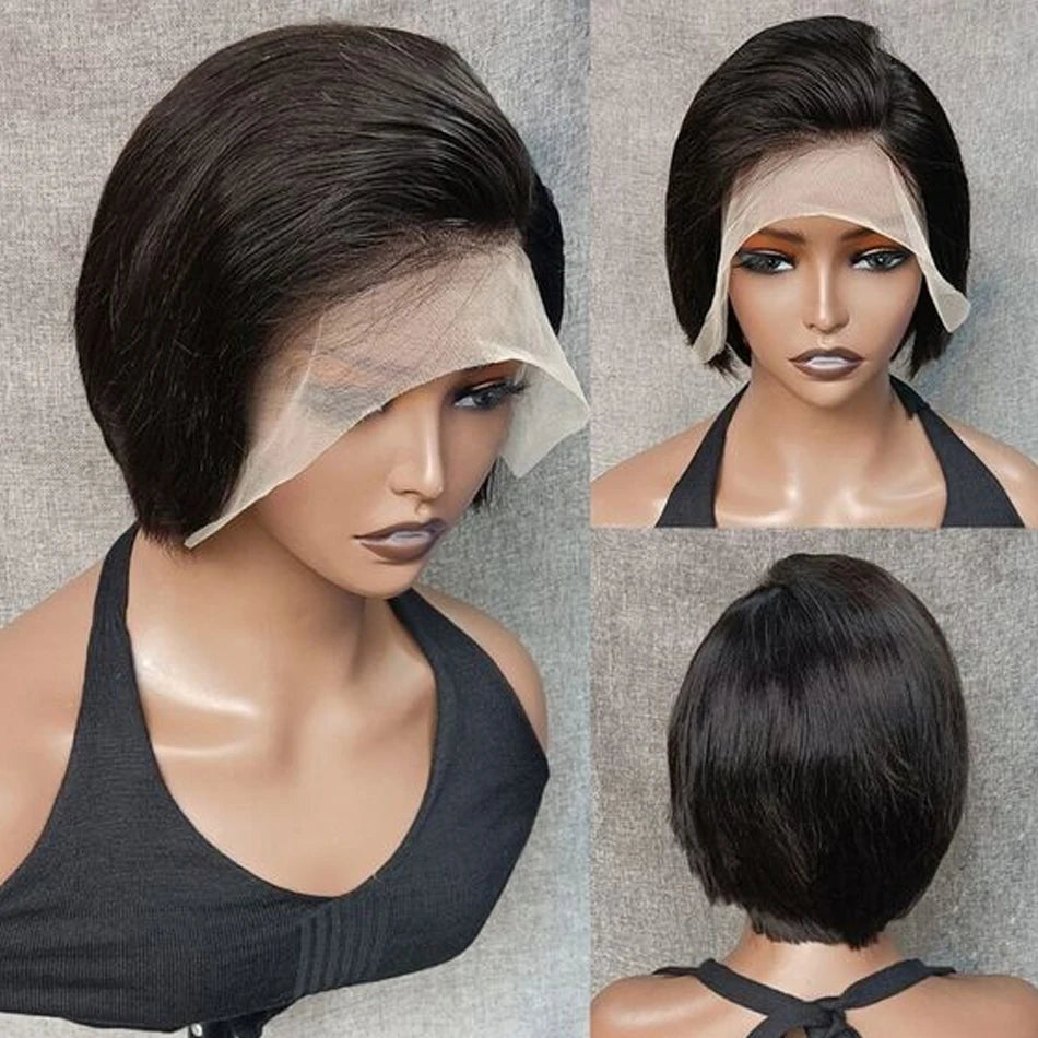 100% Human Hair 13X1 Short Pixie Cut Wigs Straight Bob HD Transparent Lace Frontal Wigs For Black Women 250Density Perruque