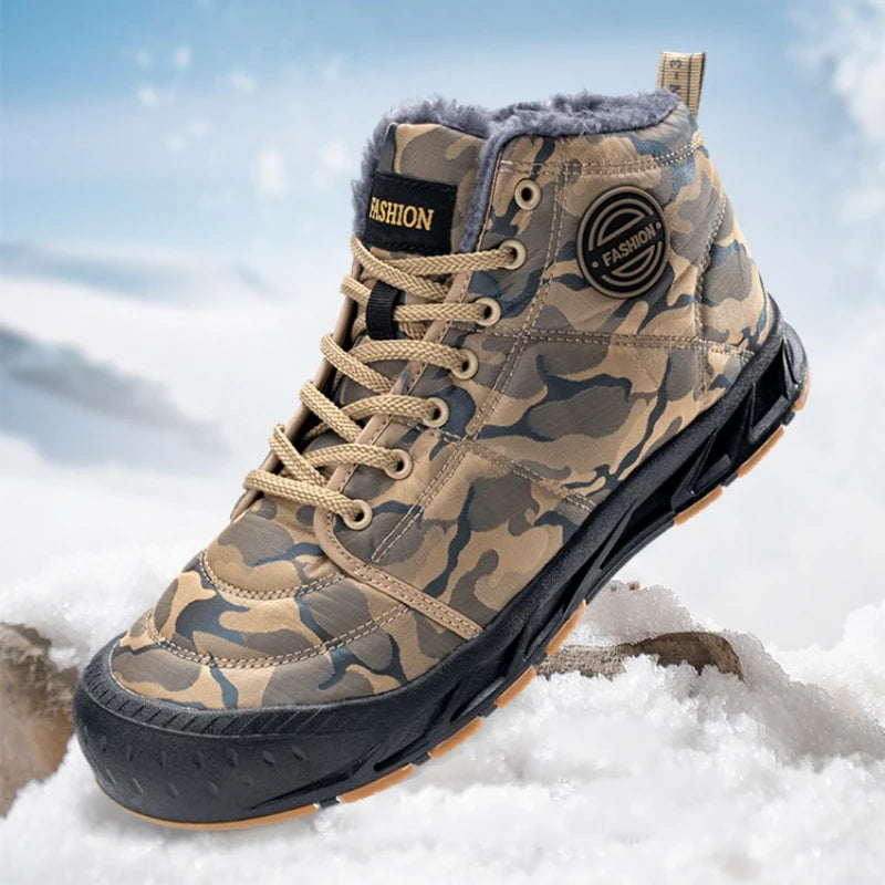 Winter Men's Snow Boots 2025 New Style Platform Warm Fur Ankle Boots Camo Design Plush Outdoor Non-slip Hiking Cycling Shoes