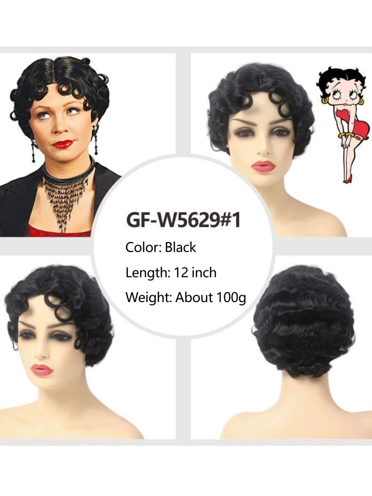 REEWES Short Curly Finger Wave Wigs With Oblique Bangs 1920s Retro Wavy Cosplay Costume Wig Classy Vintage Wavy Style For Women