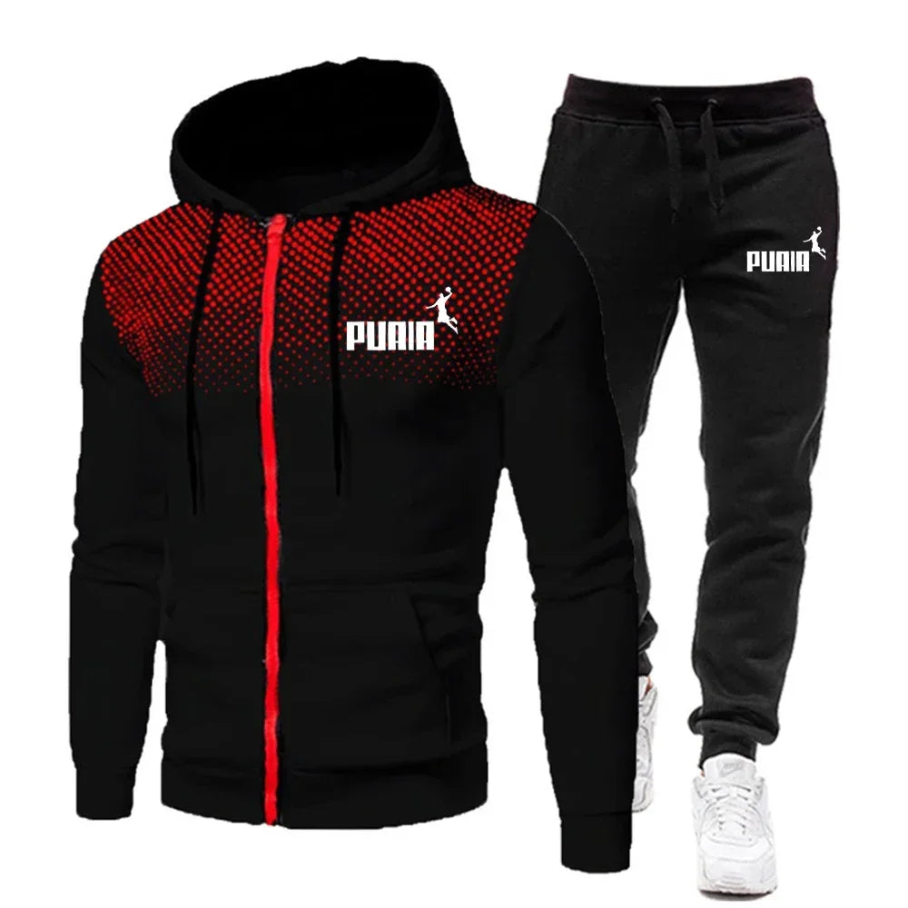 2025 New men's sportswear hooded printed top + leisure entertainment trend polka dot fast run leisure fitness sportswear set