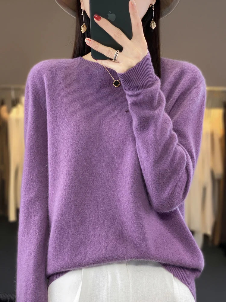 Autumn Winter Women Clothing Pullover New Fashion 100% Merino Wool Sweater Cashmere Tops Basic O-Neck Long Sleeve Knitwear