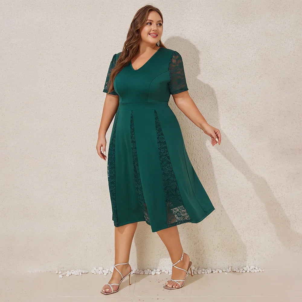 Plus Sizes Women's Elegant Solid Lace V-Neck Puff Sleeve A-Line Midi Dress Ladies Party Cocktail Evening Ball Gown Size 0XL-5XL