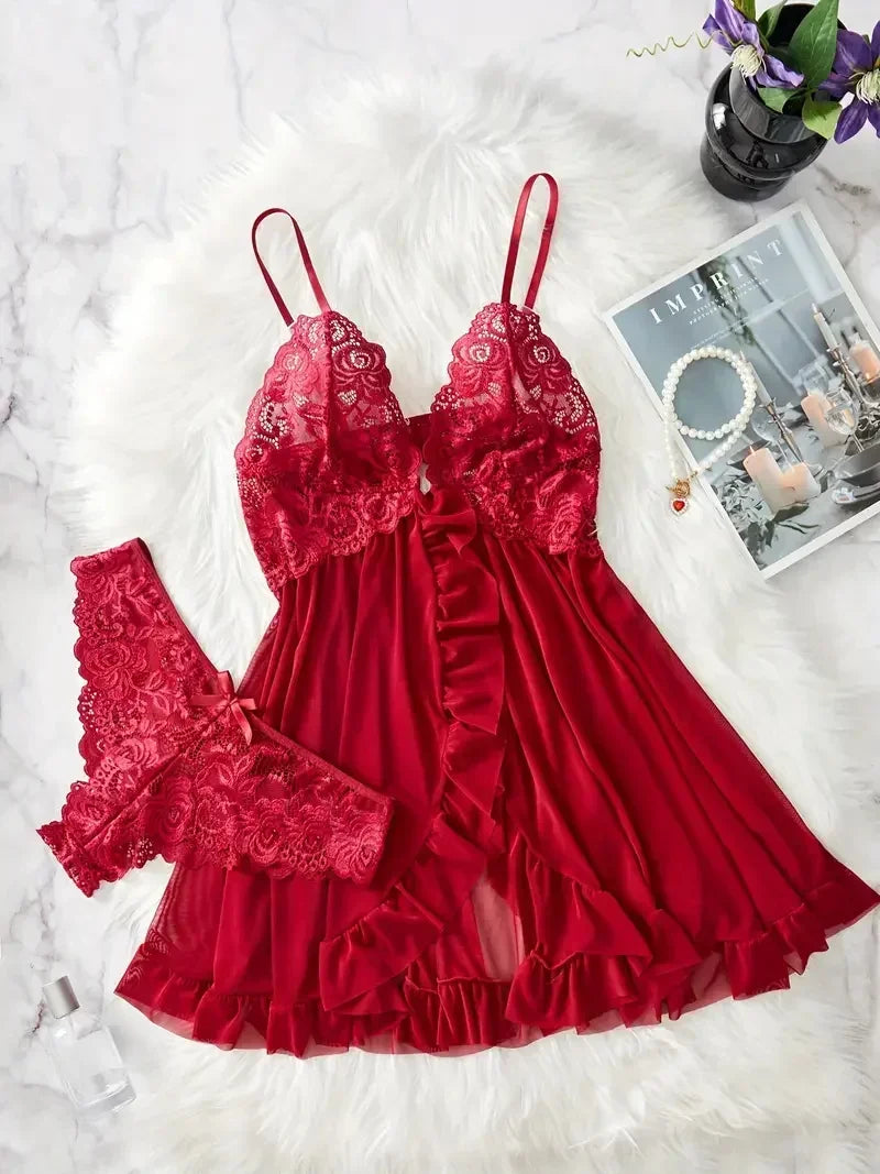 Women Nightdress Sexy Lace Chemise Bow Nightgown Sleepwear Solid Slim Soft Dresses V Neck Full Slip Sleepwear & Dresses