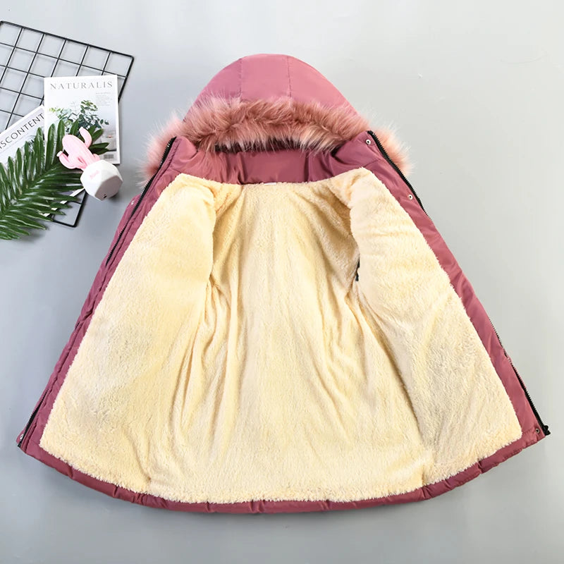 Winter Snow Suit For Girls, Fur Collar & Tunic Details Warm Cotton-padded Hooded Coat, Kids Outerwear