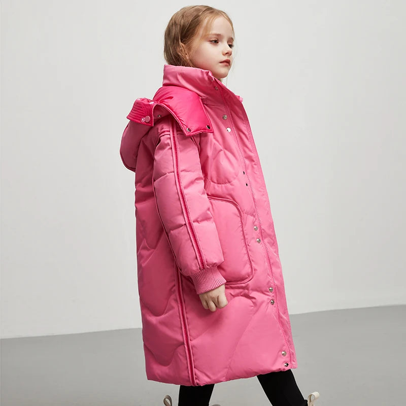 Kids Girls Winter Long Down Coat Contrast Color Double Wear Hooded White Duck Down Jacket 4-12Y Children Warm Outwears