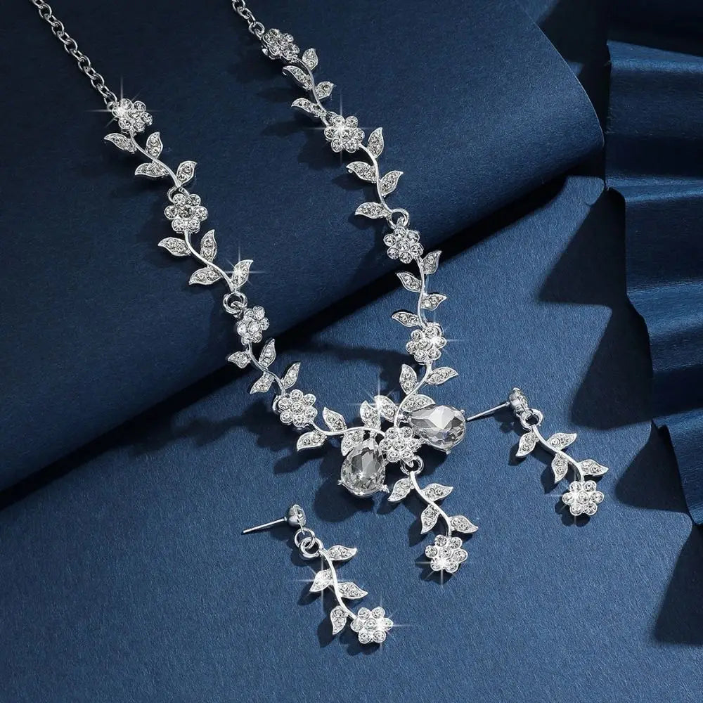 Bridal Flower Crystal Jewelry Set Shining Exquisite Earrings Luxury Rhinestone Necklace Banquet