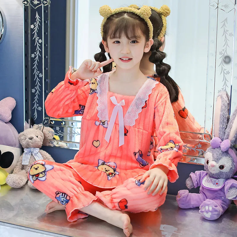 Children Sleepwear Fall Winter Flannel Girl Warm Clothes Suit Sleepwear Children's Pyjamas Nightgown Warm Plush Night Clothes