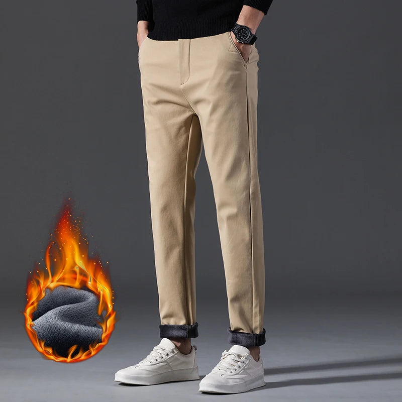 Winter Mens Clothing Warm Casual Pants 98% Cotton Fleece Straight Business Thicken Men Pants Stretch Classic Velvet Trousers
