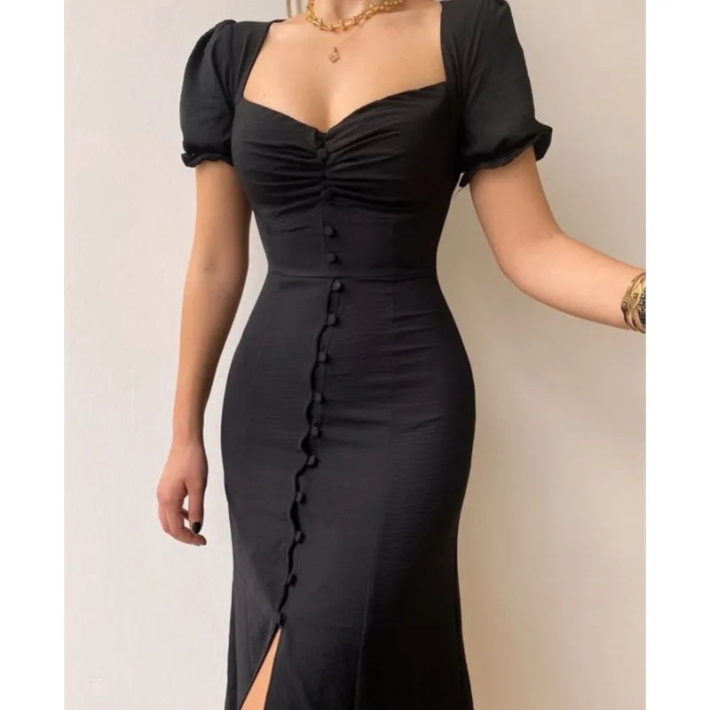 Dresses For Women 2025 Summer New V Neck Short Sleeve Single-breasted Midi Dress Elegant Holiday Casual Robes Sexy Slit Vestidos