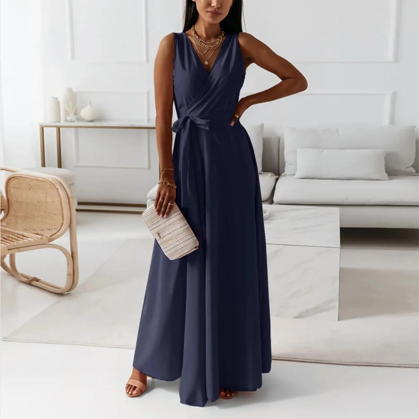 dresses for women elegant party dresses V-neck Sleeveless Belt Evening Dresses Solid Color Solid Color dress vestidos femenino