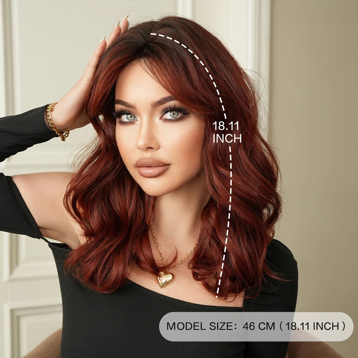 Shoulder Length Body Wave Wine Red Wig for Women High Density Synthetic Layered Modest Fashion Middle Part Wigs with Dark Roots