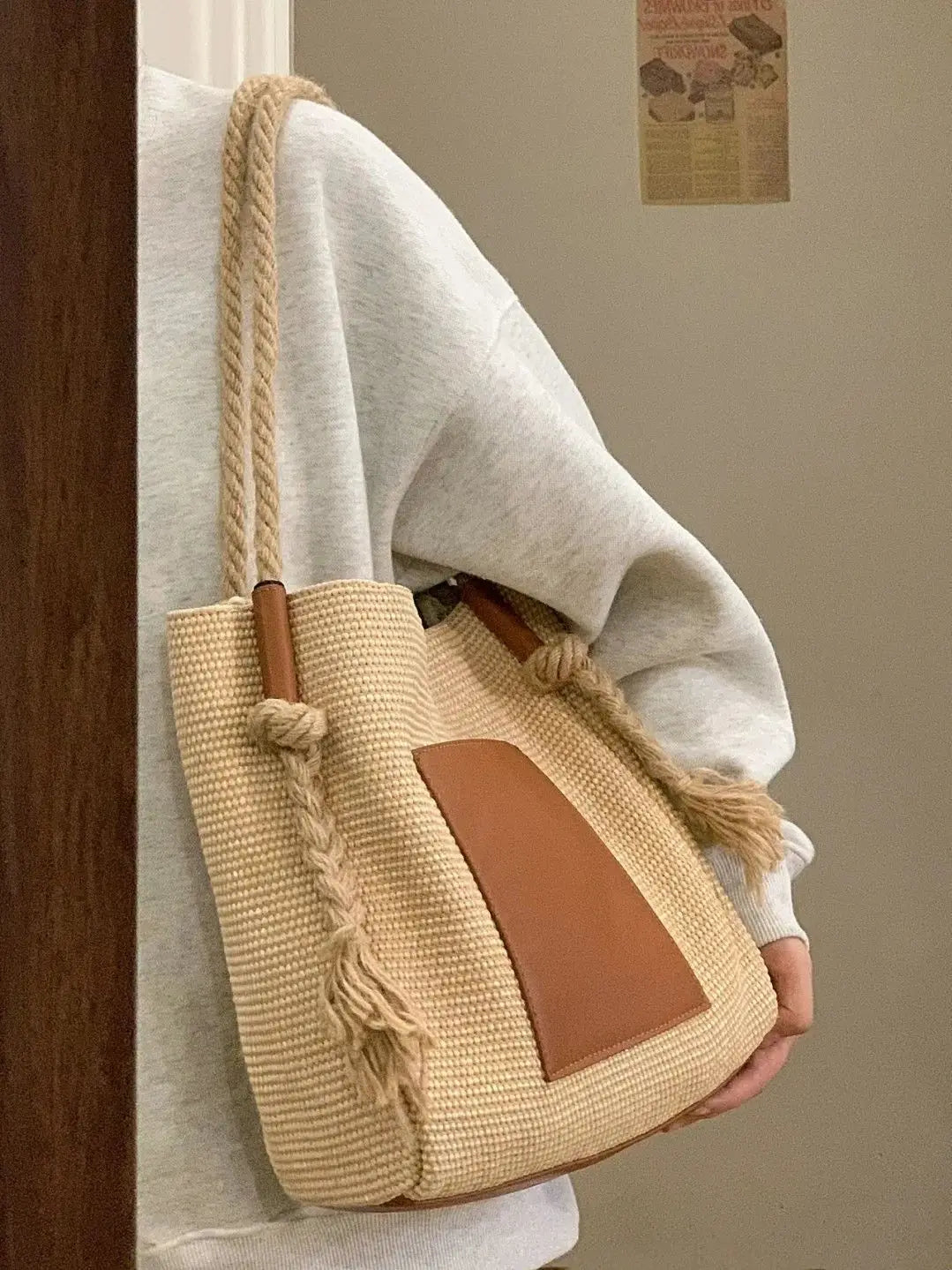 PU Leather Bucket Shoulder Bags for Women Woven Rope Hand Bag Female Large Handle Bag Purse