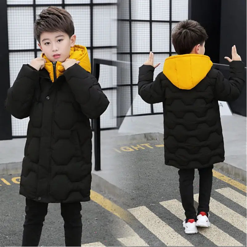 Children's down jacket new winter boys' and girls' Plush warm medium length jacket hooded large wool collar cotton padded jacket