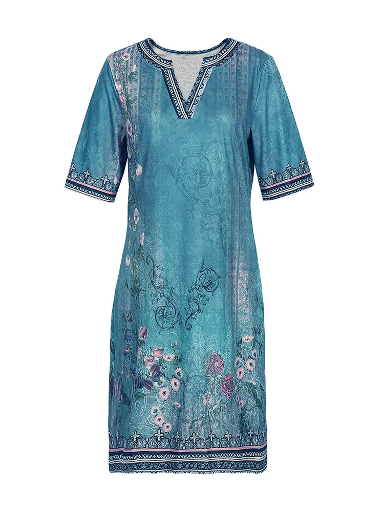 Summer plus Size V-Neck Short Sleeve Dress Women's Printed Patterns Optimal 2025 New Arrival Fashionable plus Size Casual Dress