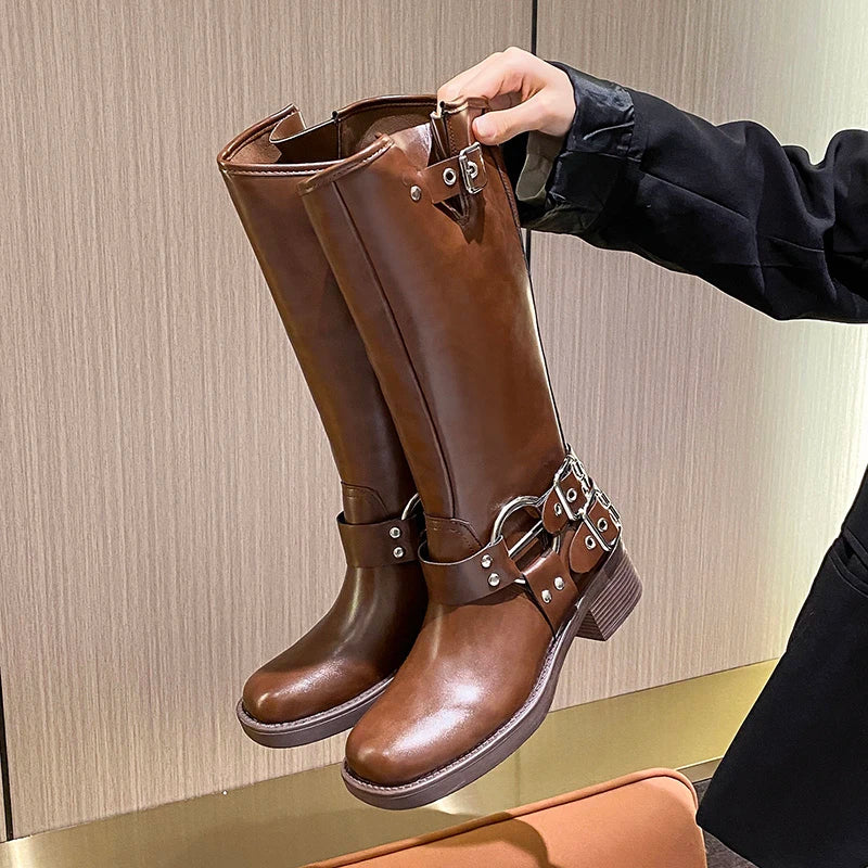 Winter Women Knee High Boots Fashion Belt buckle Long Boots Female Elegant Thick Heel Women's Knight Botties