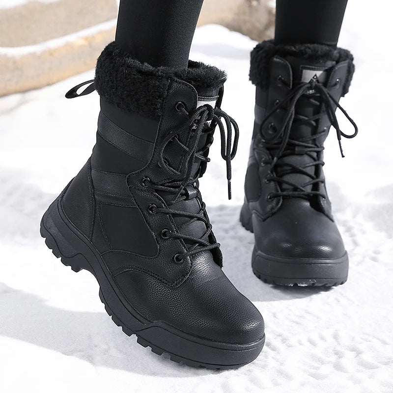Winter Snow Boots for Both Men and Women, Mid-top PU Leather with Fleece, Warm, Flat and Anti-slip Hiking and Outdoor Boots