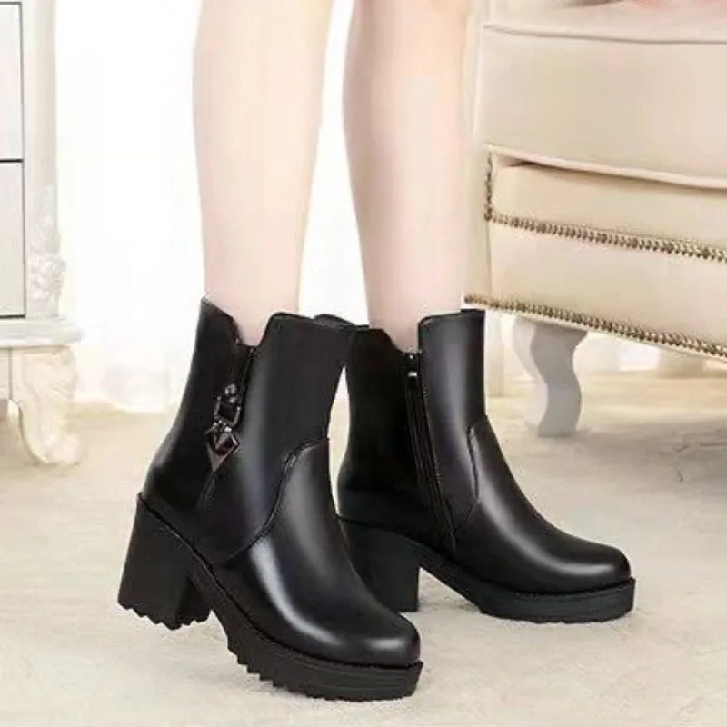 2025New Winter Women's Boots Luxury Casual Leather Boot Fashion High Heel Ankle Boots for Women Plush Warm Snow Boot Botas Mujer