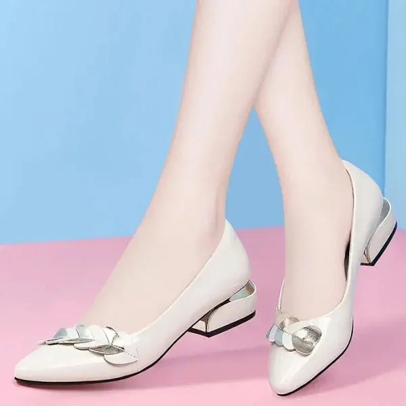 2024 Women Dress Shoes Patent Leather Mid Heel Pumps Fashion Shoes Pointed Toe Slip on Office Ladies Zapatos Black Women Shoes