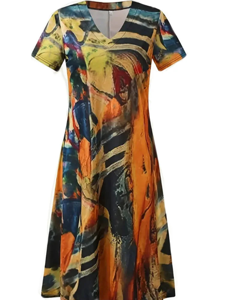 Plus Size 2024 Summer New Women's V-neck Short Sleeve Irregular Pattern Printed Casual Loose Summer Best Choice