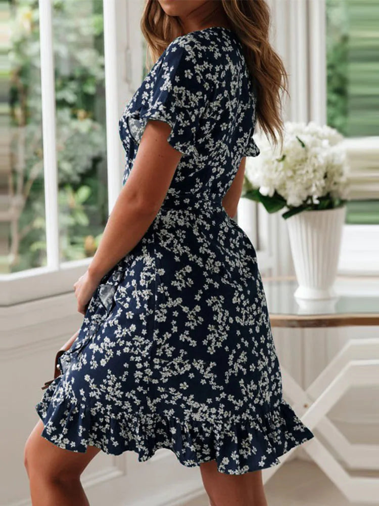 Boho Floral Print Ruffles Women Dress 2024 Summer Sexy V Neck Short Sleeve A Line Chiffon Mini Dresses Beach Vacation Sundress