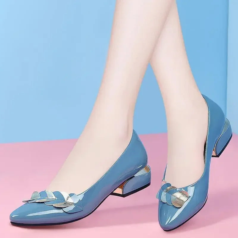 2024 Women Dress Shoes Patent Leather Mid Heel Pumps Fashion Shoes Pointed Toe Slip on Office Ladies Zapatos Black Women Shoes