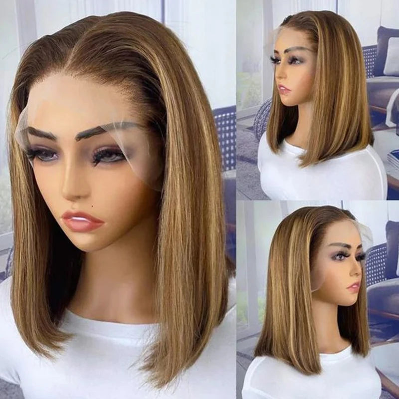 Highlight 4/27 Straight Short Bob Wigs Ombre Human Hair Wigs Brazilian Bone Straight Bob Wigs Human Hair 13x4 Lace Frontal Wigs