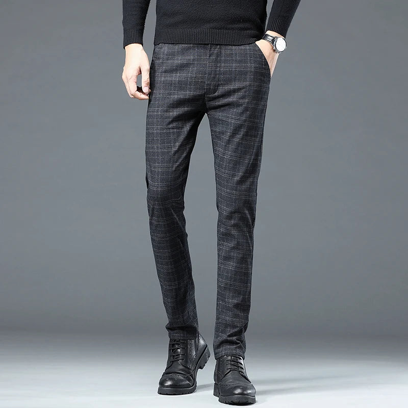 Spring Autumn Korea Business Men Pants Cotton Comfortable Elastic Plaid Casual Fashion Trousers Male Suit Pant