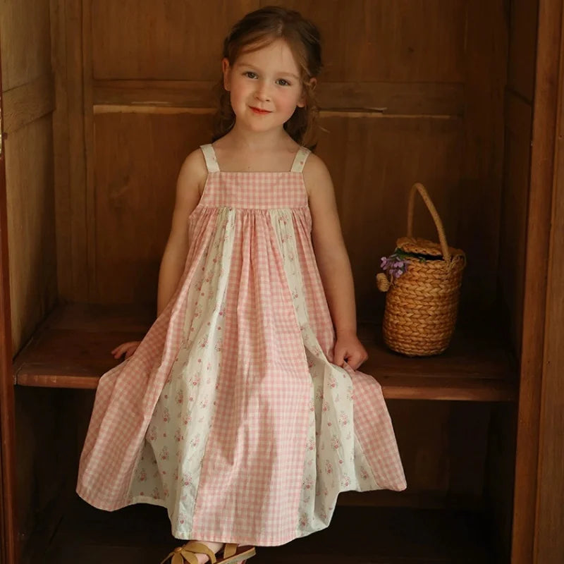 Summer New Girls' Dresses Children's Cotton Plaid Sling Dress Baby Kids Clothing Cute Casual Dress