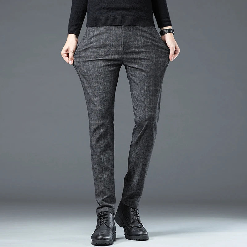 Spring Autumn Korea Business Men Pants Cotton Comfortable Elastic Plaid Casual Fashion Trousers Male Suit Pant
