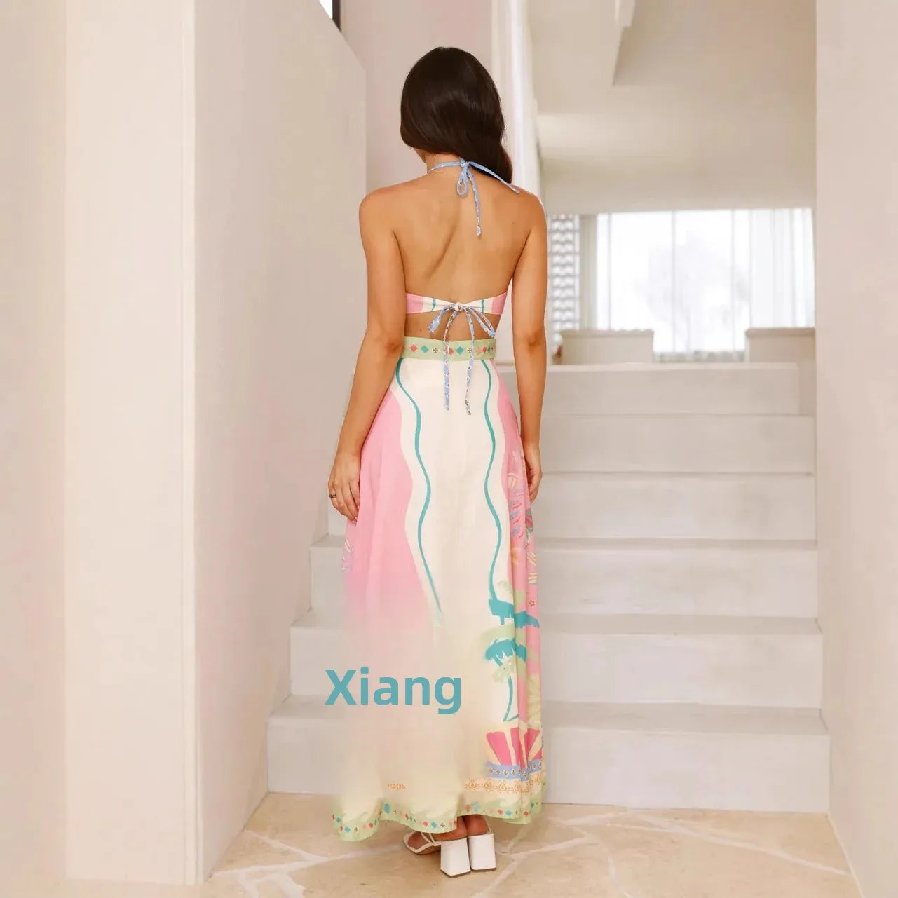 Sexy Long Neck Hanging Strap Backless Dress New 2025 Independent Station Cross-Border Sleeveless Knee-Length Polyester Fiber