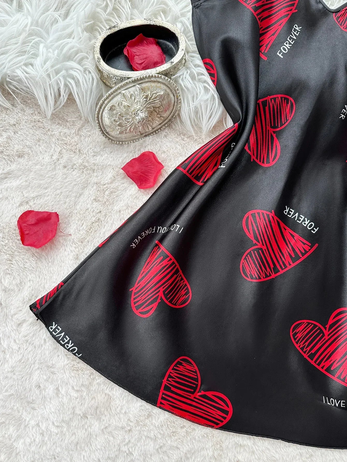 Valentine Red Lips Print Satin Slip Dress Backless V Neck Lace Nightgown Bridal Lingerie for Couples Night Sleepwear