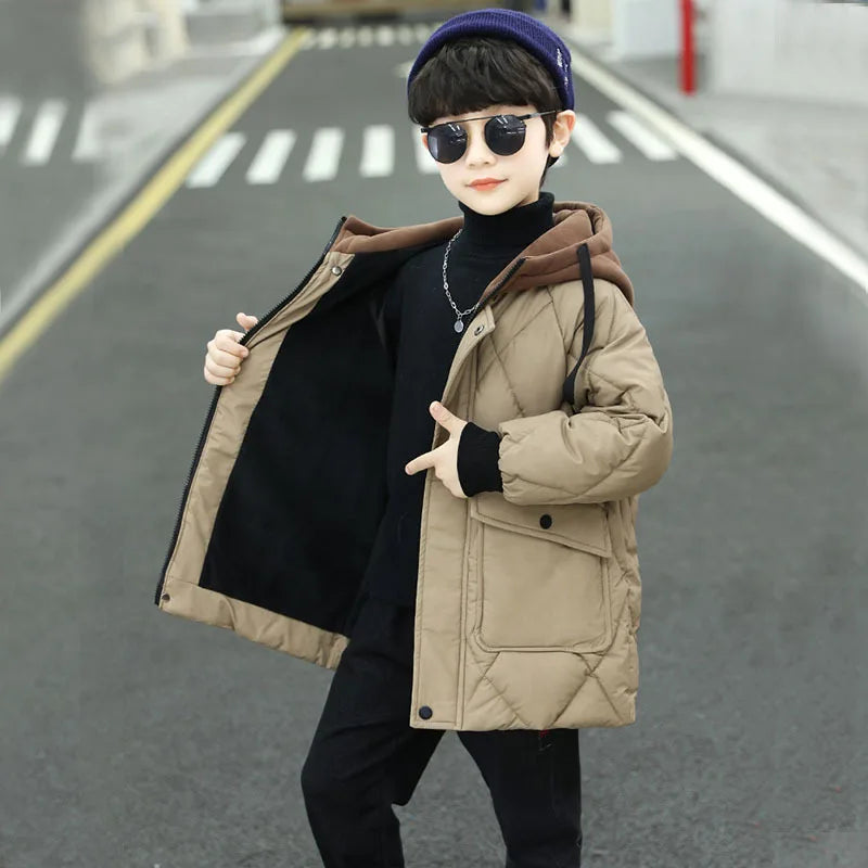 Children's down jacket new winter boys' and girls' Plush warm medium length jacket hooded large wool collar cotton padded jacket