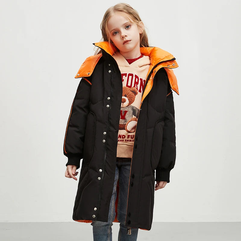 Kids Girls Winter Long Down Coat Contrast Color Double Wear Hooded White Duck Down Jacket 4-12Y Children Warm Outwears