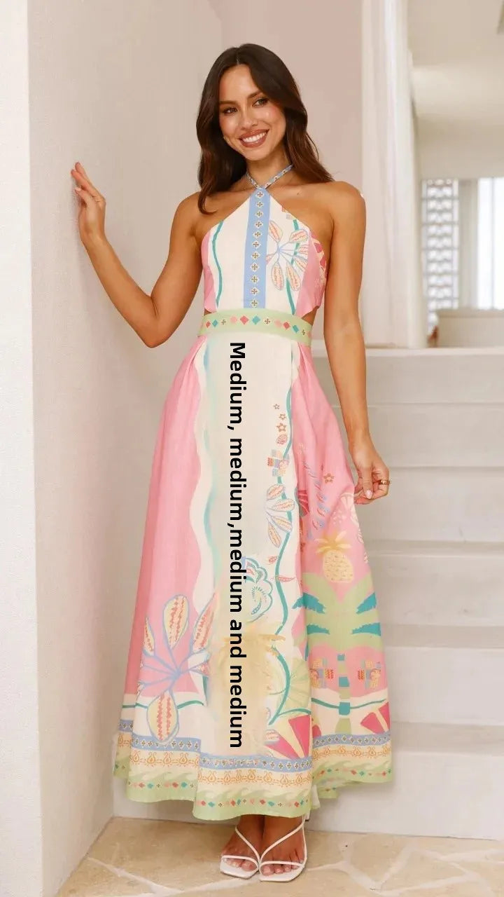 Sexy Long Neck Hanging Strap Backless Dress New 2025 Independent Station Cross-Border Sleeveless Knee-Length Polyester Fiber