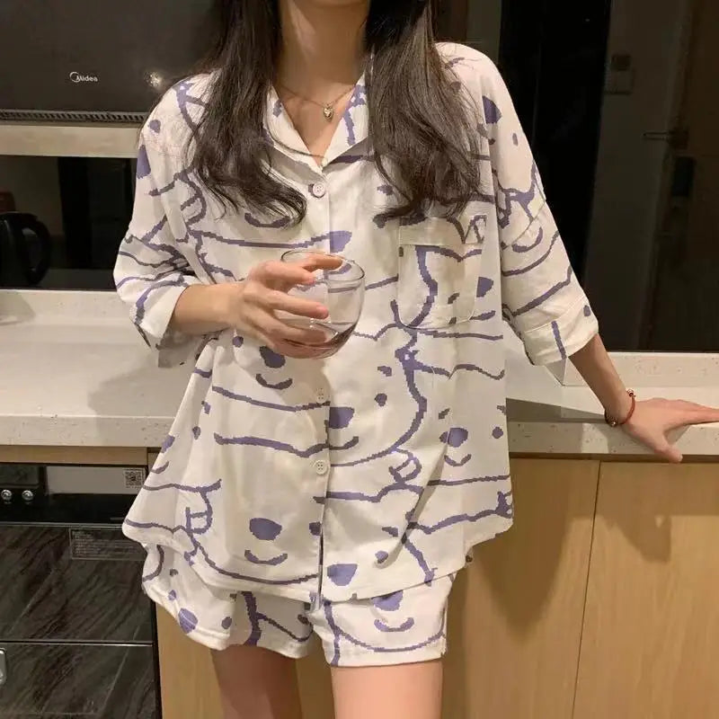 Cute Women's Summer Pajamas Set Cartoon Hello Kitty Nightgown Loose Soft Sleep Tops Short Sleeve Sweet Girls Sleepwear Clothes