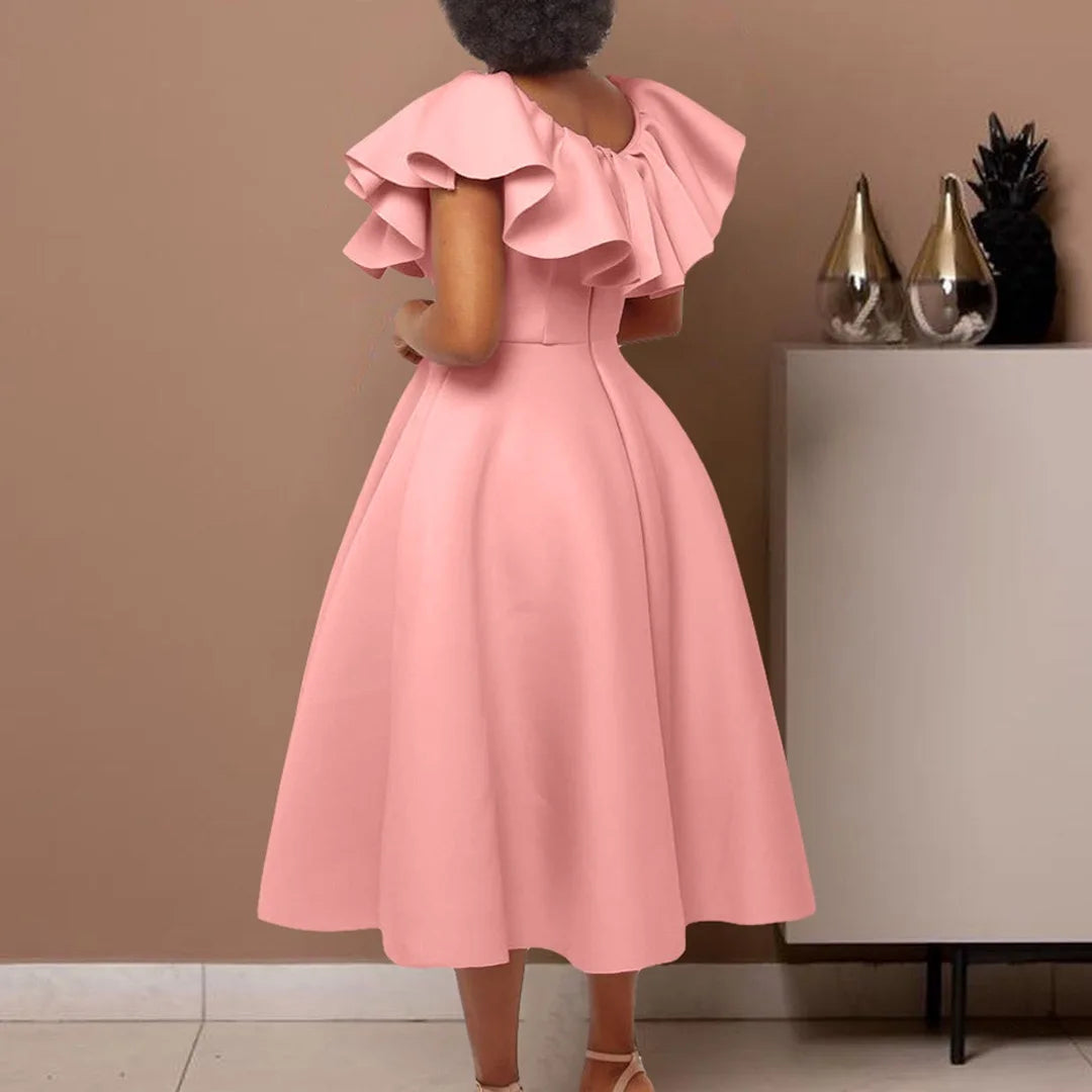 Elegant Party Dresses Women Round Neck Ruffles Sleeve High Waisted A Line Pleated Mid Calf Luxury Female Birthday Dinner Dress