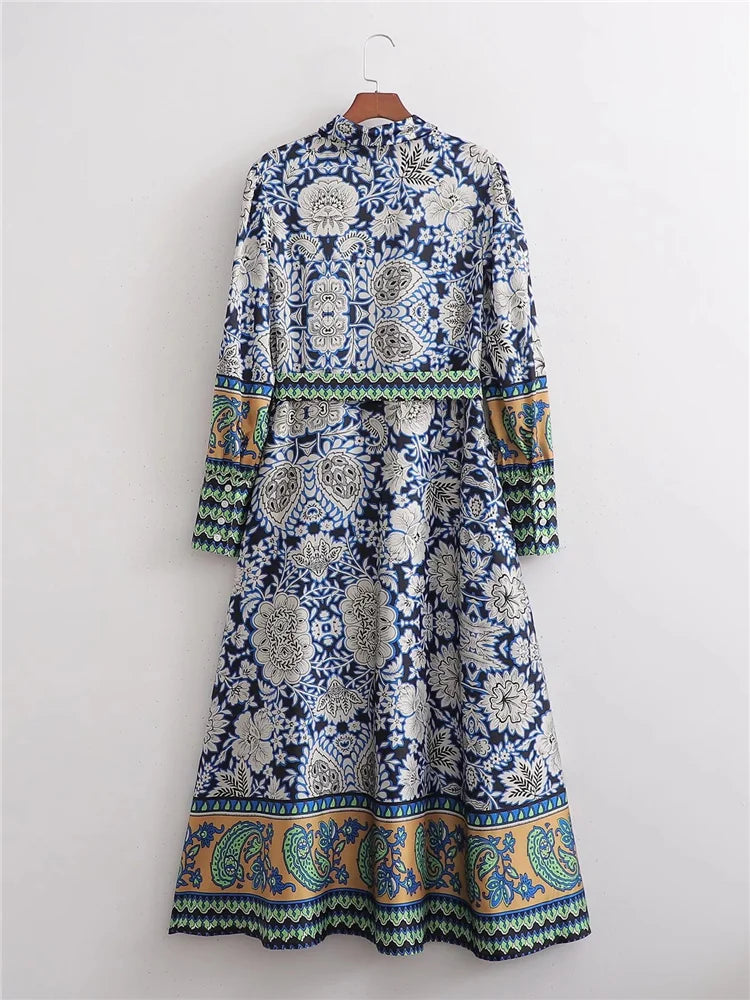 Woman Casual Blue Long Print Shirt Dresses 2025 Spring Female High Waisted Sashes Dress Ladies Long Sleeve Button Dresses