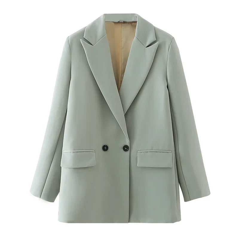 Women Black Blazer 2025 Fashion Office Wear Double Breasted Blazer Coat Vintage Long Sleeve Pockets Female Outerwear Chic Tops