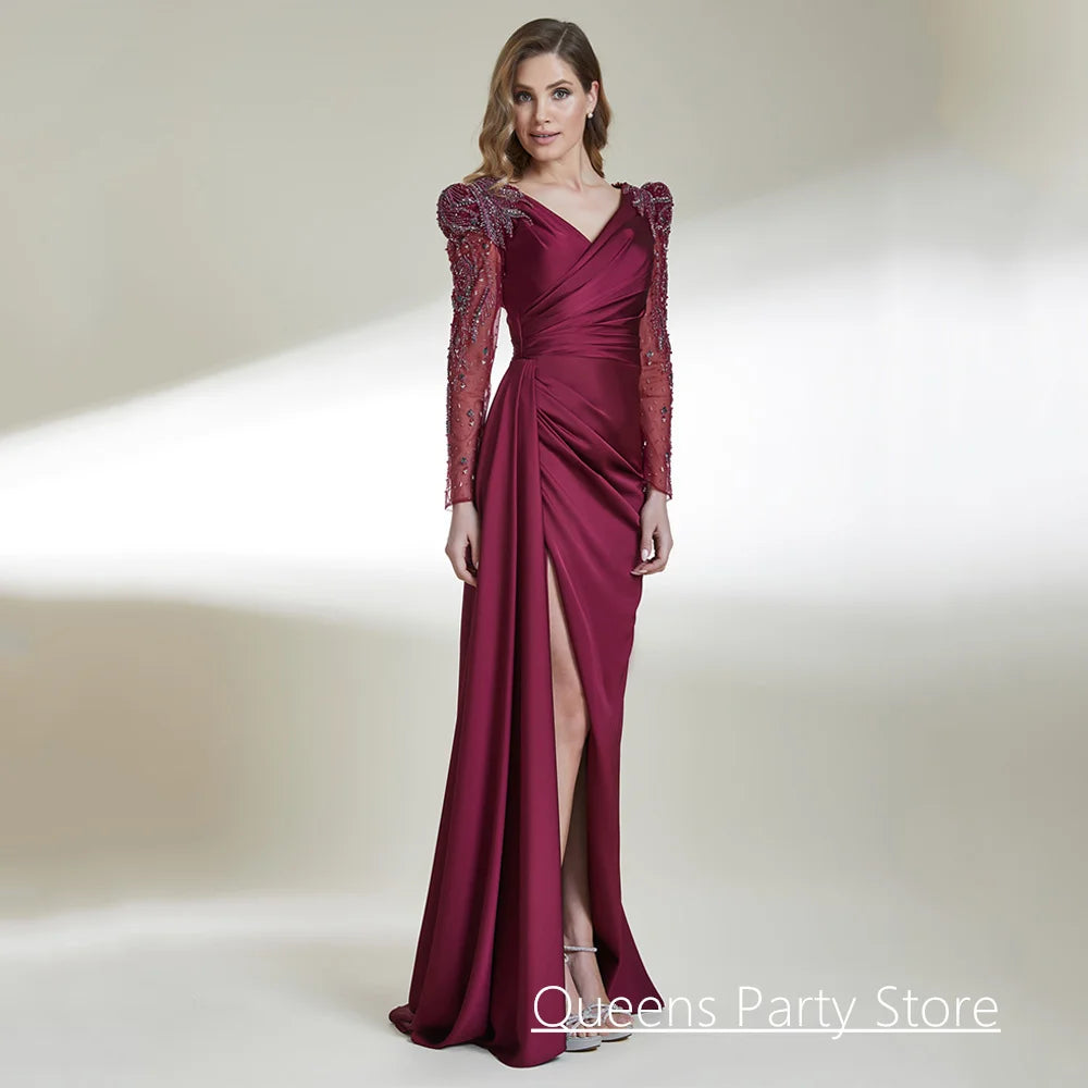 Dancing Evening Dress Customized V Neck Long Sleeves Pleat Beading Sequined High Split Formal Prom Gown Arabian Party Dresses