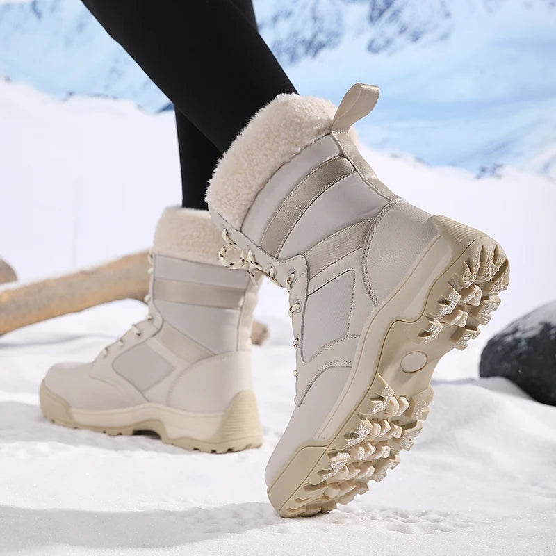 Winter Snow Boots for Both Men and Women, Mid-top PU Leather with Fleece, Warm, Flat and Anti-slip Hiking and Outdoor Boots