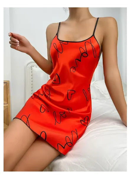 Sleepwear Women's Sexy Lingerie Heart Print Nightdress Scoop Neck Criss Cross Back Sleepdress Nightgowns Pajamas Nighties