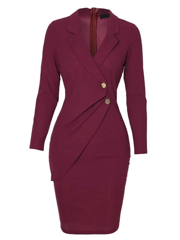 Autumn Winter Office Lady Dress 2023 Fashion Notchet Neck Long Sleave Slim Midi Pencil Dresses Women Elegant Bodycon Work Dress