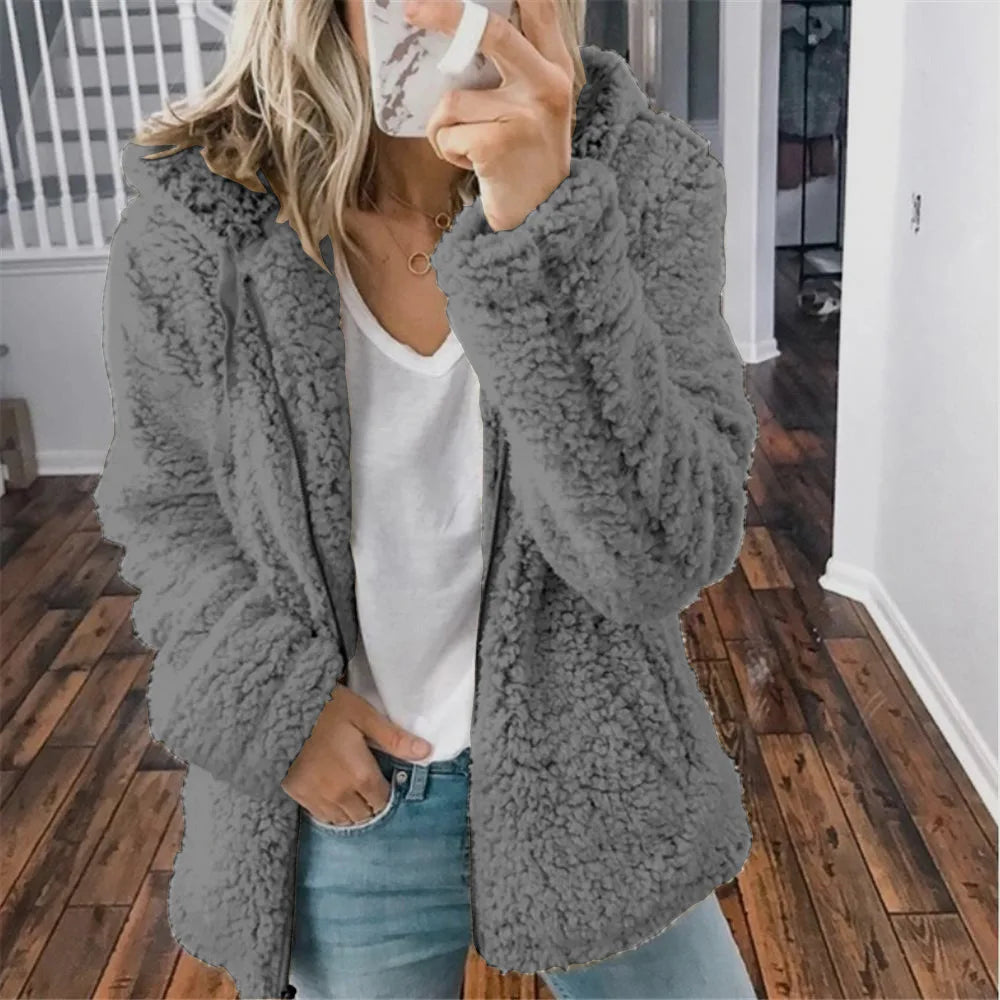 2025 Winter Clothes Women Elegant Bear Teddy Faux Fur Coat Thick Warm Soft Fleece Jacket Female Pocket Zipper Coat Veste Femme