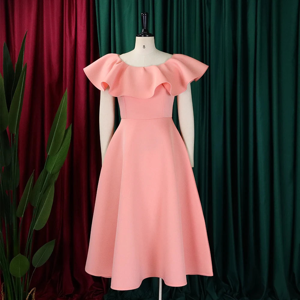 Elegant Party Dresses Women Round Neck Ruffles Sleeve High Waisted A Line Pleated Mid Calf Luxury Female Birthday Dinner Dress